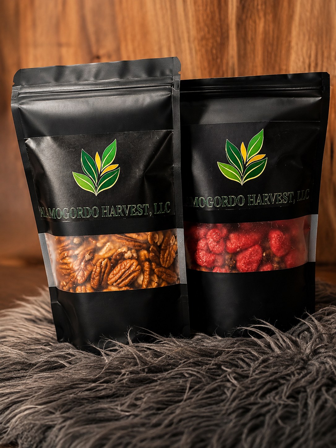Branded Alamogordo Harvest pecan and dried strawberry gift pouches